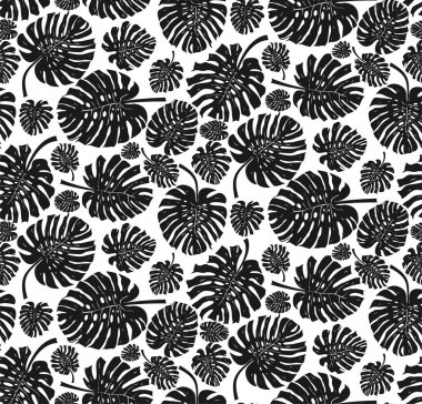 Seamless modeli siyah beyaz monstera tropikal yaprak. Vektör çizim. Beyaz arka plan üzerinde izole