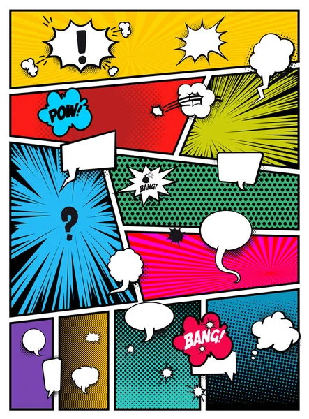 Conjunto de arte pop cómics libro revista plantilla de portada. Dibujos animados divertido vintage tira cómic texto de superhéroe, burbuja del habla, globo, mensaje de caja, bomba estallido, medio tono. Gráfico en blanco. Ilustración vectorial — Archivo Imágenes Vectoriales