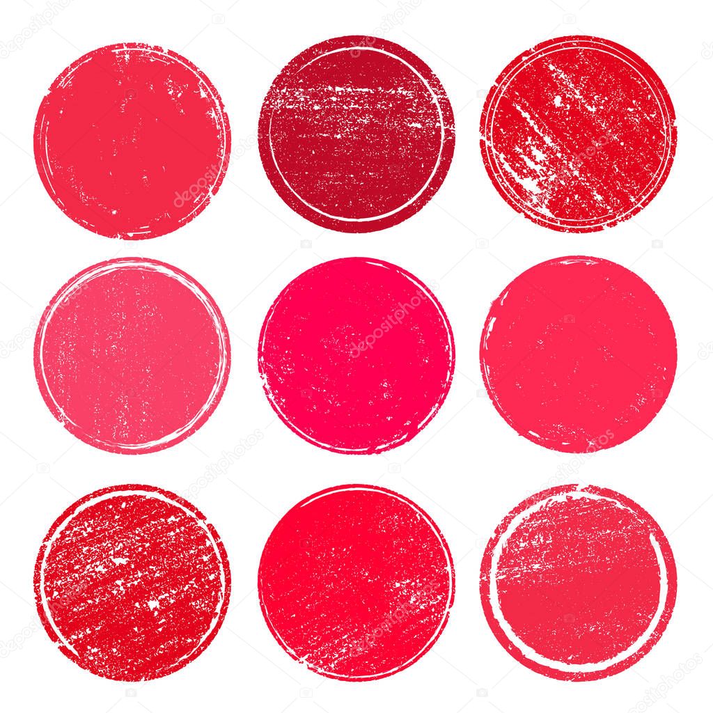 Set of Red grunge post stamps, circles. Banners, insignias, logos, icons, labels and badges. Distress textures, blank shapes. Vector illustration. Isolated on white background