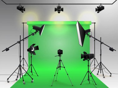 Fotoğraf stüdyosu vektör. Yumuşak kutu ışık, kamera, tripod ve fon ile fotoğraf stüdyosu yeşil boş geçmiş. Vektör çizim. Beyaz arka plan üzerinde izole