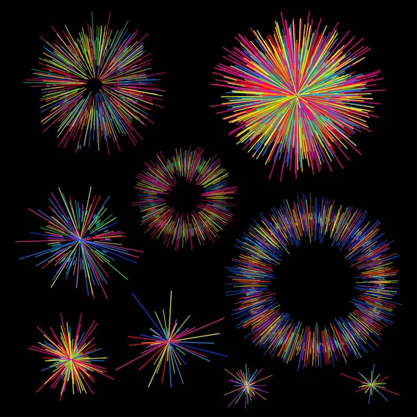 Набор красочных фейерверков, исходящих из центра тонких пучков, линий. Абстрактный взрыв, линии скоростного движения от середины, излучающие резкое. Векторная иллюстрация. Изолированный на черном фоне — стоковый вектор