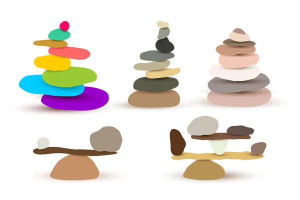 Ensemble d'harmonie et d'équilibre, cairn de pierre colorée cailloux. Illustration vectorielle. Isolé sur fond blanc — Image vectorielle
