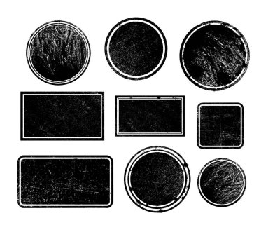 Grunge yazı pullar, daireler kümesi. Afiş, insignias, logolar, simgeler, etiketleri ve rozetleri. Sıkıntı dokular. Boş şekiller. Vektör çizim. Beyaz arka plan üzerinde izole