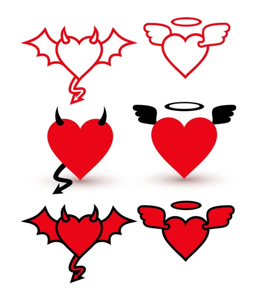 Набір диявол кохання значком демон крило, роги, хвіст і Ангел серця. Простий серця лінія стилю шаблон дизайн логотипу. Векторні ілюстрації. Ізольовані на білому тлі — стоковий вектор