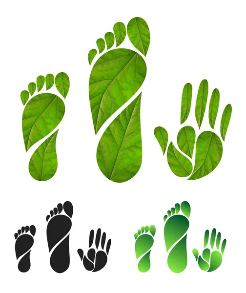 Set of green carbon foot print concept. Silhouette of feet and hands of leaves. Vector illustration. Isolated on white background — Stock Vector