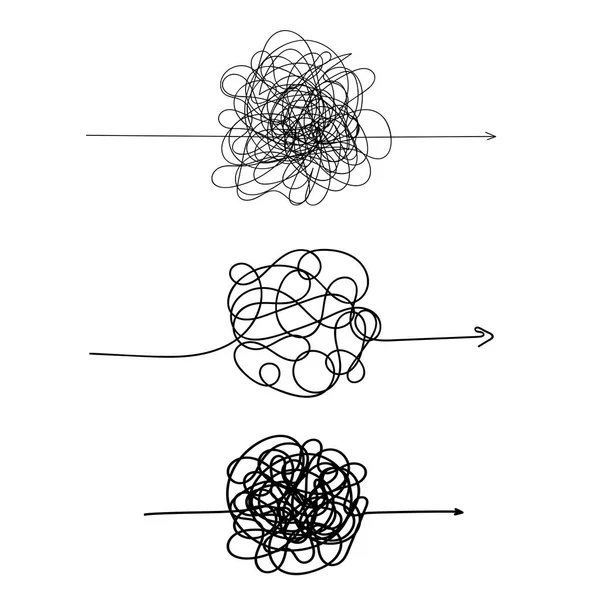 Set van symbool van ingewikkelde manier met gekrabbeld rond element, chaos teken, passeren de weg lineaire pijl met spleet of wirwar bal in het midden. Vector illustratie. Geïsoleerd op witte achtergrond — Stockvector