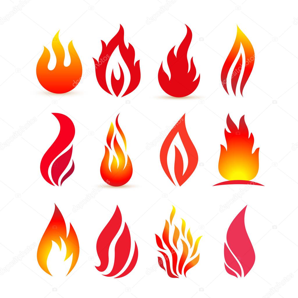 Set of fire logo. Red, yellow fire vector illustration. Isolated on white background