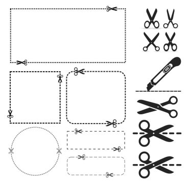 Bir kesme kupon dikdörtgen şekil dışarı makasla ayarlayın. Vektör çizim. Beyaz arka plan üzerinde izole