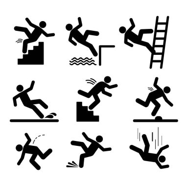 Set of caution symbols with stick figure man falling. Falling down the stairs and over the edge. Wet floor, tripping on stairs. Workplace safety. Vector illustration. Isolated on white background clipart