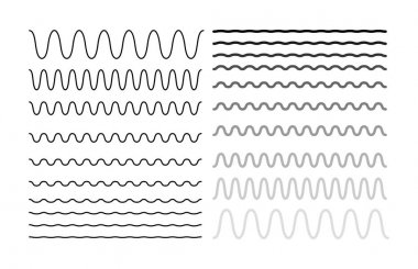 Dalgalı yatay ince ve kalın çizgiler kümesi. Tasarım öğesi. Vektör çizim. Beyaz arka plan üzerinde izole