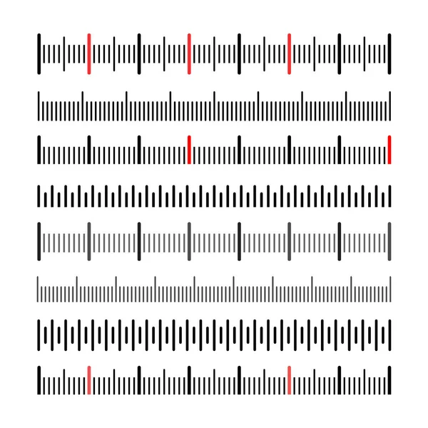 Conjunto de indicadores de tamaño creativo. Distancias de unidad diferentes. Diseño de arte horizontal medir distancias de escala. Elemento gráfico conceptual abstracto. Ilustración vectorial. Aislado sobre fondo blanco — Vector de stock