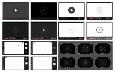 Modern video oynatıcılar, büyük kümesi slr dijital fotoğraf makinesi kamera vizör ve smartphone. Web ve mobil uygulamalar için düz tasarım şablonu. Vektör çizim. Beyaz arka plan üzerinde izole