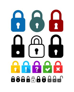 Kilit simgesi kümesi. Asma kilit güvenlik güvenlik sembolü. Vektör çizim. Beyaz arka plan üzerinde izole