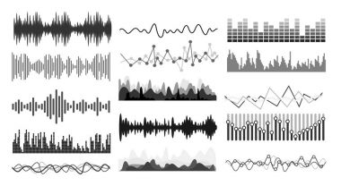 Müzik ses dalgaları kümesi. Radyo sinyalleriyle iletilen teknoloji müzik darbe veya ses grafikler. Ses Ekolayzır teknoloji, nabız müzikal. Vektör çizim. Beyaz arka plan üzerinde izole