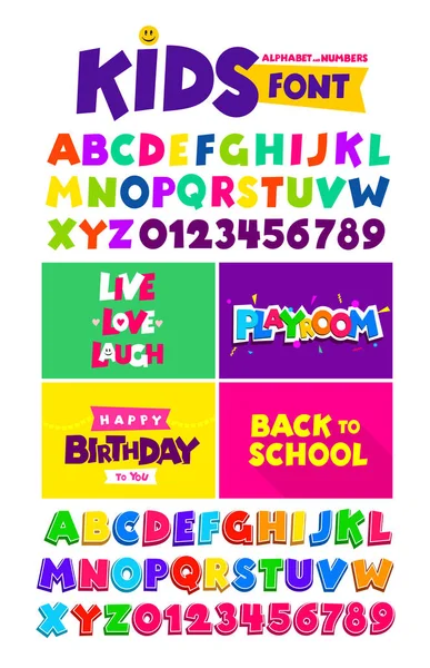 Kinderen lettertype in de cartoon stijl, alfabet en cijfers. Set van veelkleurige heldere brieven voor inscripties en uw ontwerp. Vectorillustratie. Geïsoleerd op witte achtergrond — Stockvector
