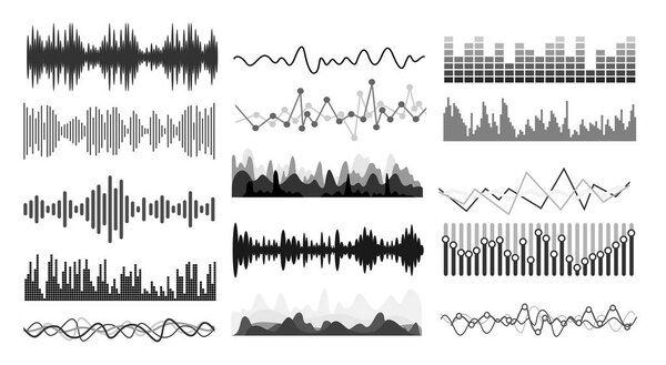 Set of Music sound waves. Audio technology musical pulse or sound charts. Audio equalizer technology, pulse musical. Vector illustration. Isolated on white background
