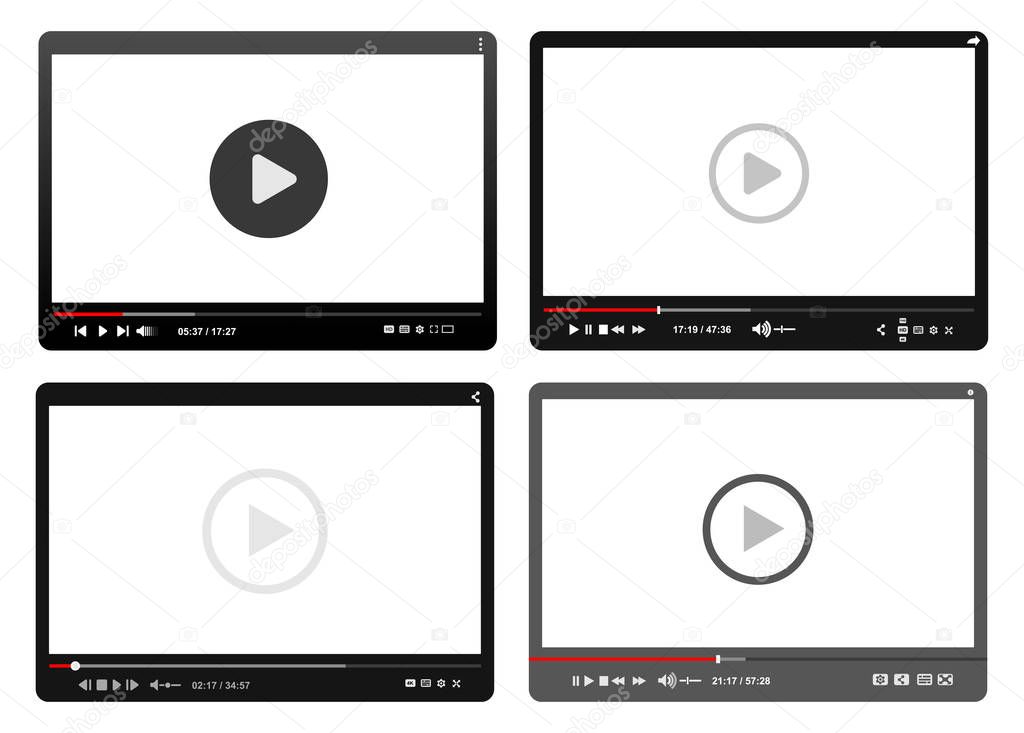 Set of modern video players. Flat design template for web and mobile apps. All elements are conveniently grouped. Vector illustration. Isolated on white background