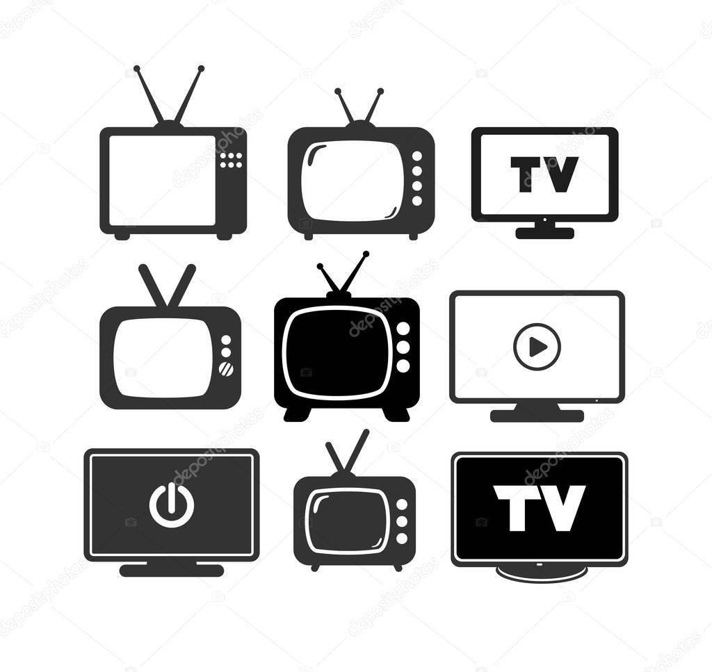 Set of tv icon. Old television screen. Video show, entertainment symbol. Retro vector illustration. Isolated on white background