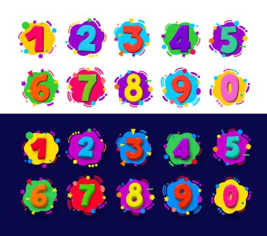 Renkli karikatür sayı kümesi. Vektör çizim renk rakamlar 1-9 basamaklı bebek kutsal kişilerin resmi içinde belgili tanımlık bulut. Beyaz ve mavi arka plan izole