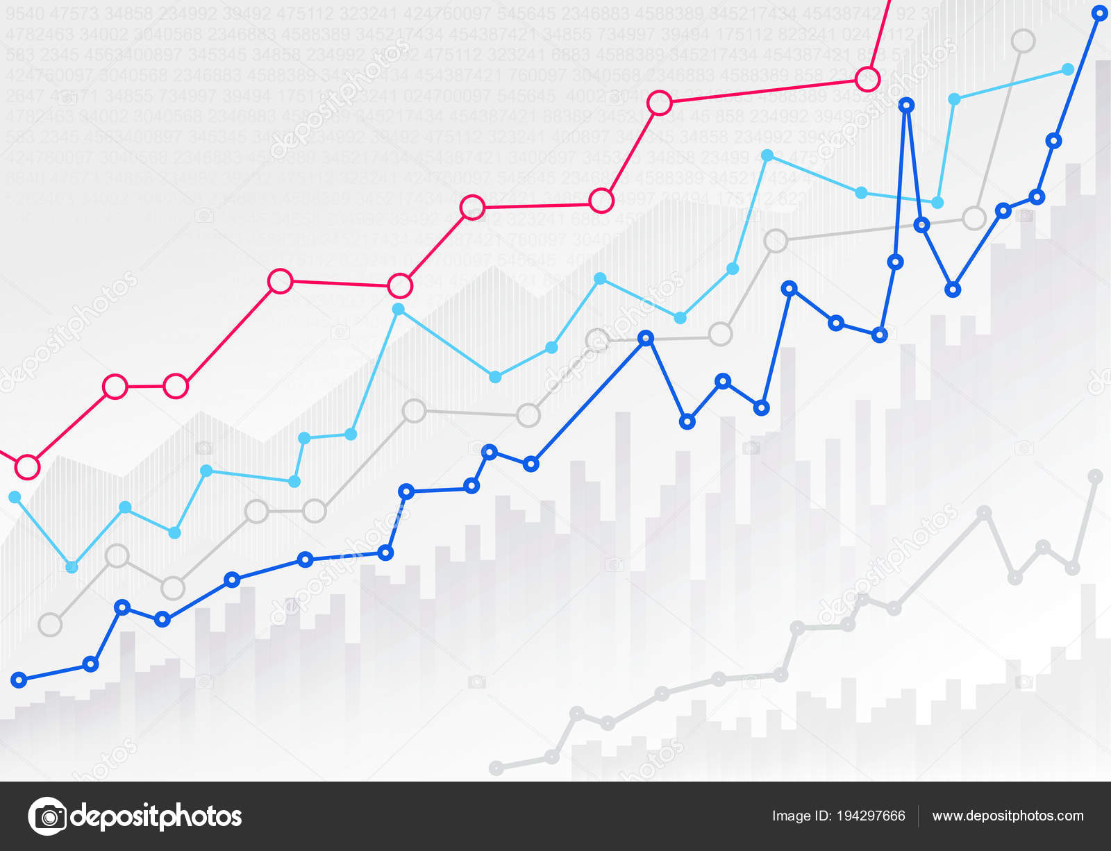 추세 선 그래프 및 주식 시장에 숫자 추상 금융 차트입니다. Mockup 템플릿 디자인에 대 한 준비입니다. 벡터 일러스트입니다. 흰색  배경에 고립 스톡 벡터 - ©artkovalev 194297666