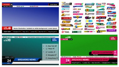 Tv haber çubukları kümesi. Haber işareti, video akışı tasarlayın. Son dakika, sahte, spor haberleri. İşareti arabirim. Mockup şablon tasarımlarınız için hazır. Vektör çizim. Gri bir arka plan üzerinde izole