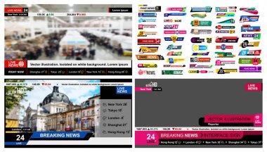 Tv haber çubukları kümesi. Haber işareti, video akışı tasarlayın. Son dakika, sahte, spor haberleri. İşareti arabirim. Mockup şablon tasarımlarınız için hazır. Vektör çizim. Gri bir arka plan üzerinde izole