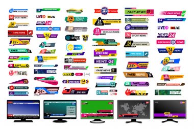 Tv haber çubukları kümesi. Haber işareti, video akışı tasarlayın. Son dakika, sahte, spor haberleri. İşareti arabirim. Mockup şablon tasarımlarınız için hazır. Vektör çizim. Gri bir arka plan üzerinde izole