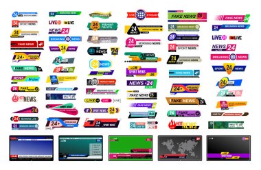 Tv haber çubukları kümesi. Haber işareti, video akışı tasarlayın. Son dakika, sahte, spor haberleri. İşareti arabirim. Mockup şablon tasarımlarınız için hazır. Vektör çizim. Gri bir arka plan üzerinde izole