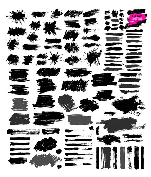Grande set di vernice nera, pennellate di inchiostro, pennelli, linee, grungy. Elementi di design artistico sporco, scatole, cornici. Disegno a mano libera. Illustrazione vettoriale. Isolato su sfondo bianco — Vettoriale Stock