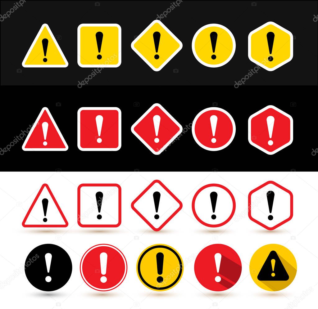 Set of attention signs. Shapes triangle, square, rhombus, circle, hexagon with exclamation point. Design with icon for banner. Danger warning. Vector illustration. Isolated on white background