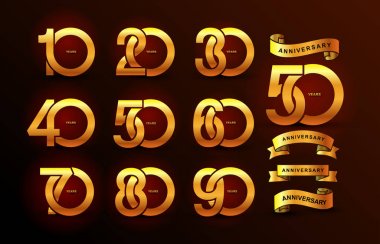 Yıldönümü piktogram altın simge kümesi. Düz tasarım. 10, 20, 30, 40, 50, 60, 70, 80, 90, yıl doğum günü logosu etiket, Altın pul. Vektör çizim. Siyah arka plan üzerine izole