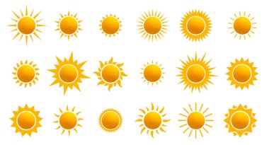 Hava tasarımı için büyük bir güneş ikonu. Güneş piktogramı, düz simge. Web sitesi tasarımı, web düğmesi, mobil uygulama için son moda yaz sembolü. Şablon vektör çizimi. Beyaz arkaplanda izole.