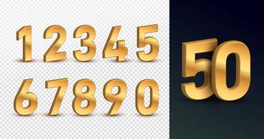 Altın 3D numaralar. Doğum günleri ve tatiller için tasarım, web, poster, kart. Sembol vektör çizimi. Şeffaf bir arkaplanda izole edilmiş.