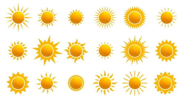 天気設計のための現実的な太陽のアイコンの大きなセット。太陽のピクトグラム、フラットアイコン。ウェブサイトのデザイン、ウェブボタン、モバイルアプリのためのトレンディな夏のシンボル。テンプレートベクトルイラスト。白地に隔離された. — ストックベクタ