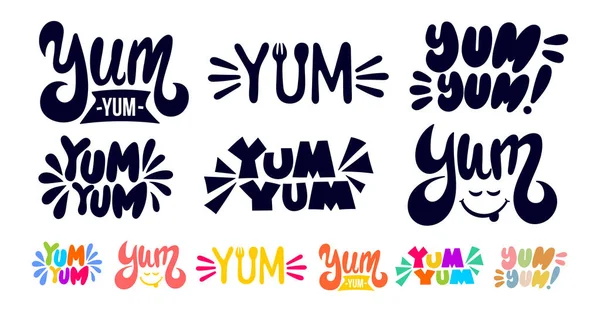 Grote set van Yum Yum Zwart-wit, kleurrijke tekst. Slechts één woord. Afdrukbare grafische tee. Ontwerp doodle voor print. Cartoon hand getekend kalligrafie stijl. Vector geïsoleerd op witte achtergrond. — Stockvector