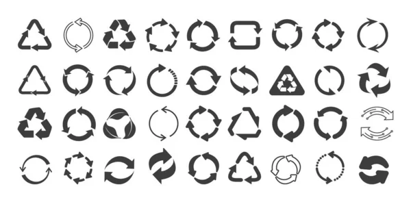 Mega conjunto de iconos de vectores planos de reciclaje. Flechas de círculo gris planas — Archivo Imágenes Vectoriales