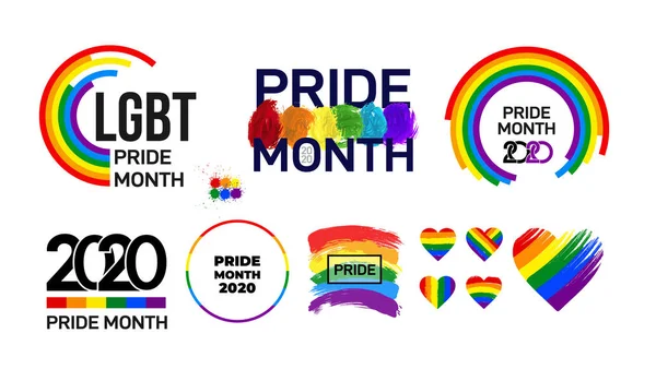 Набор ЛГБТ-месяца 2020. Отмечается ежегодно. ЛГБТ флаг мазок кистью. Гордость день линия абстрактный логотип. Права человека и терпимость. Векторная иллюстрация на белом фоне . — стоковый вектор