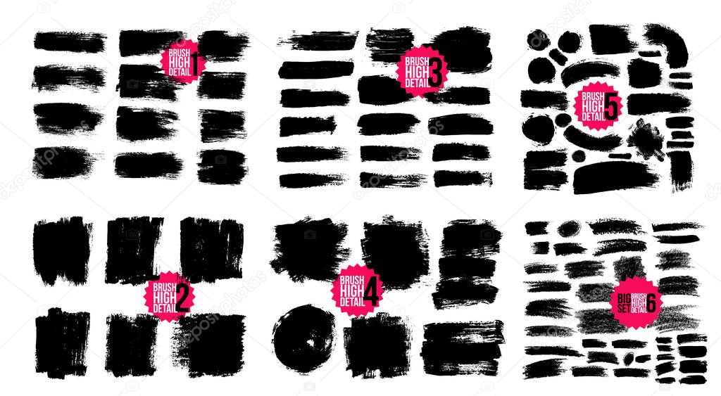 Big set of brush strokes. Paintbrush, grunge design elements. Rectangle text boxes. Round speech bubbles Thin dirty distress texture banners. Grunge painted badges. Ink splatters. Vector illustration.