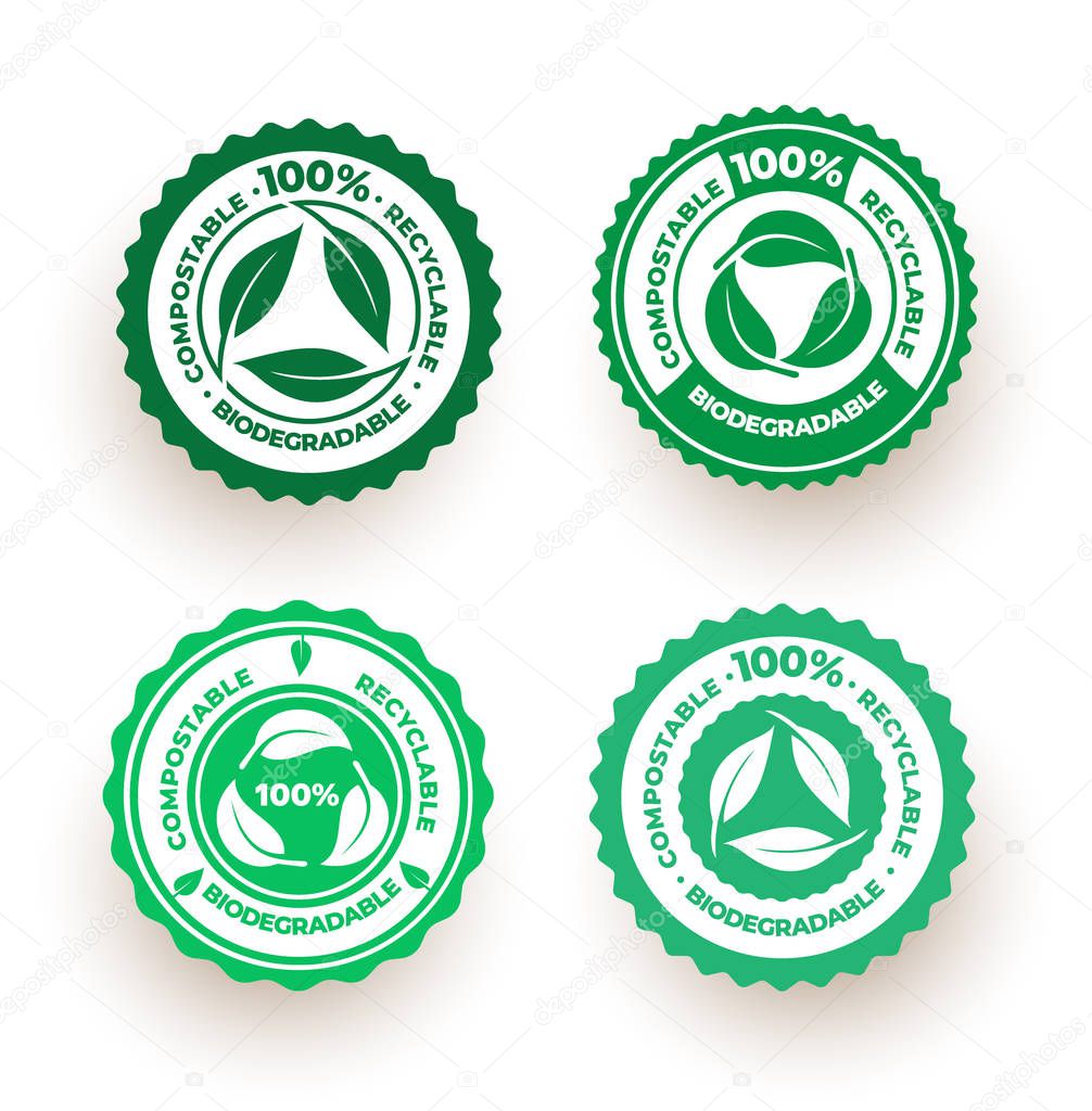 Set of biodegradable and compostable recyclable icon. 100 percent bio recyclable package green leaf logo design. Vector illustration. Isolated on white background.