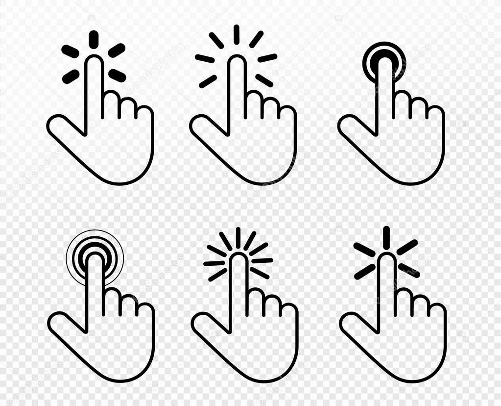 Set of hand click icon. Touch, click hand gesture symbol for your web site design, picture, art, logo, app, UI. Vector symbol on transparent background.