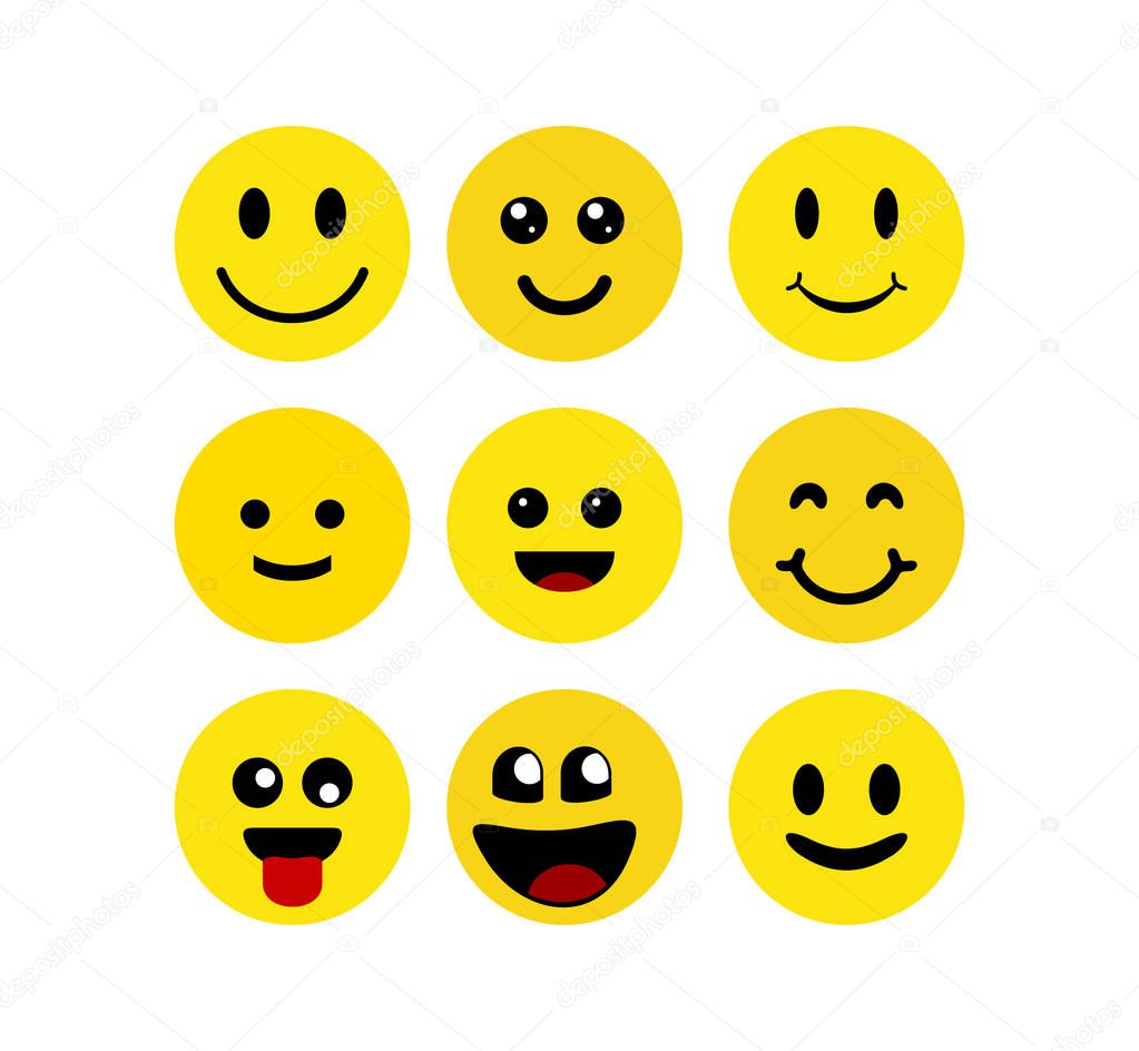 Set Yellow happy face with smile. Vector illustration. Isolated 