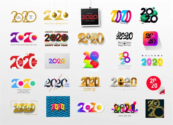 Conjunto de feliz ano novo 2020 design de texto logotipo. Cobertura das empresas d — Vetor de Stock