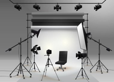 Fotoğraf stüdyosu vektörü. Fotoğraf stüdyosunun beyaz arka planı yumuşak ışık, kamera, tripod, sandalye ve fon setiyle dolu. Vektör çizimi. Beyaz arkaplanda izole.