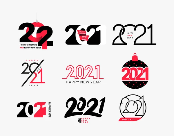 Nagy logógyűjtemény 2021 Boldog új évet táblák. Állítsa be a 2021 Boldog Új Évet szimbólumok. Üdvözlőlap rajzok, prospektus sablon. Vektor fekete ünnep címkékkel elszigetelt fehér alapon. — Stock Vector