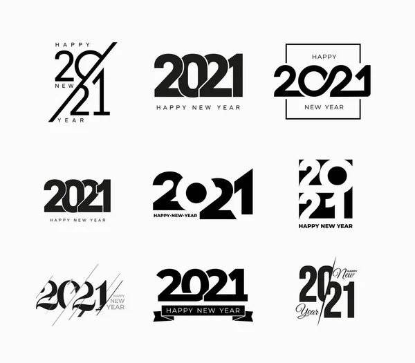 Set of 2021 Happy New Year signs. Big collection of 2021 Happy New Year symbols. Greeting card artwork, brochure template. Vector illustration with black holiday labels isolated on white background — Stock Vector