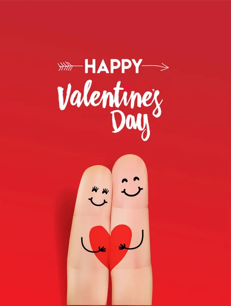 Valentine's Day 2020. A happy couple in love with painted smiley and hugging. Poster for valentines day and love day. Vector illustration. Isolated on red background.