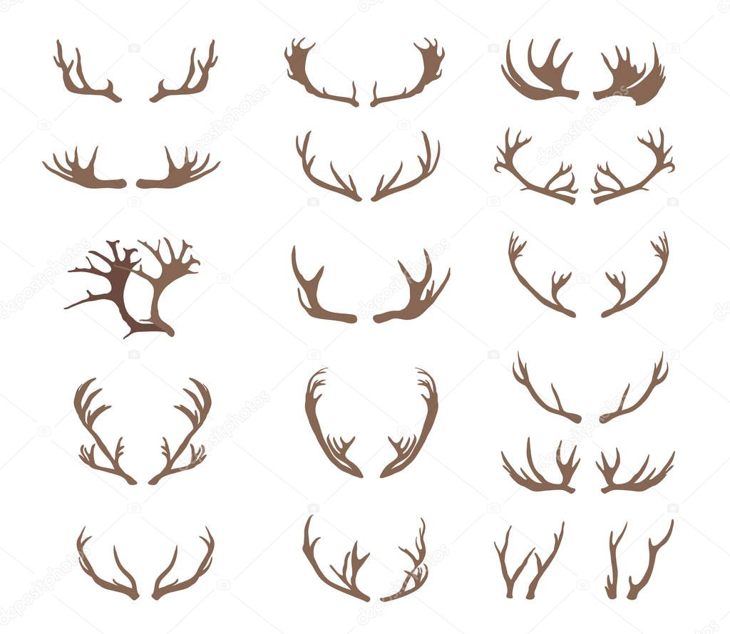 Set of deer antlers. Silhouettes of deers isolated on white background. Hand drawn vector illustration.