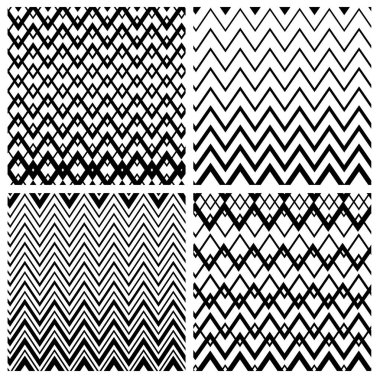Geometrik şekilleri ve çizgileri olan dikişsiz siyah beyaz arka planlar. Vektör çizimi. Beyaz arkaplanda izole.