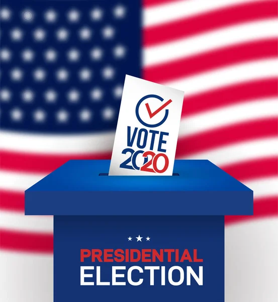 2020年に米国大統領への選挙 ぼやけたアメリカの国旗を背景にした投票の準備 選挙での投票箱 赤いチェックマークの選挙掲示板 投票日11月3日 — ストックベクタ