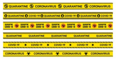 Üzerinde karantina, Covid-19, Coronavirus yazılı sarı uyarı bandı. Salgın uyarısı. Vektör çizimi. Beyaz arkaplanda izole.